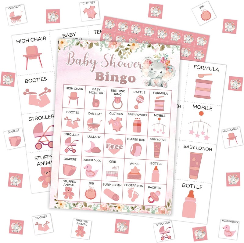 Mueddur Baby Shower Bingo Card, Pink Elephant Bingo Game for Adults Large Group Family, Blush Pink Floral Elephant Game Kit for Gender Reveal Party, Holiday Games for 24 Players -12 - Image 1